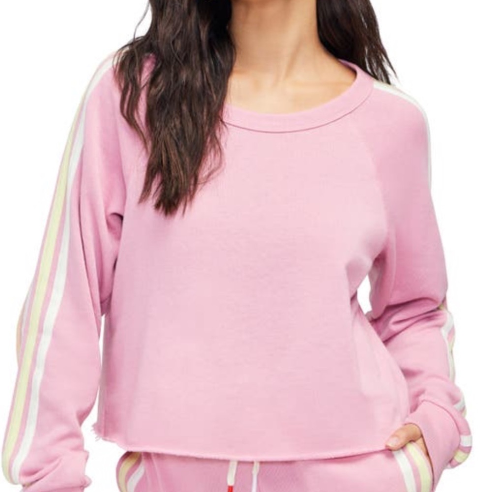 Wildfox Homestead Stripes cropped pullover sweatshirt raw rolled edge L NEW